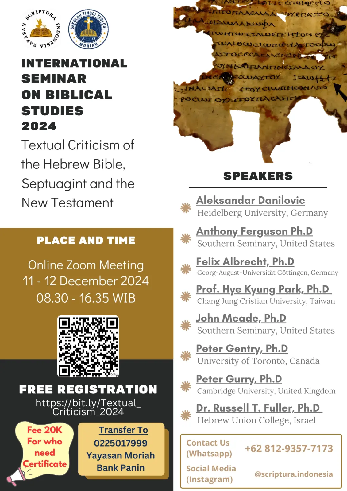 International Seminar on Biblical Studies: Textual Criticism of the Hebrew Bible, Septuagint, and the New Testament